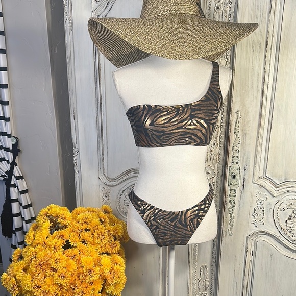 Forever 21 Black and Bronze  Zebra Print Two Piece Bikini Set - Picture 1 of 12